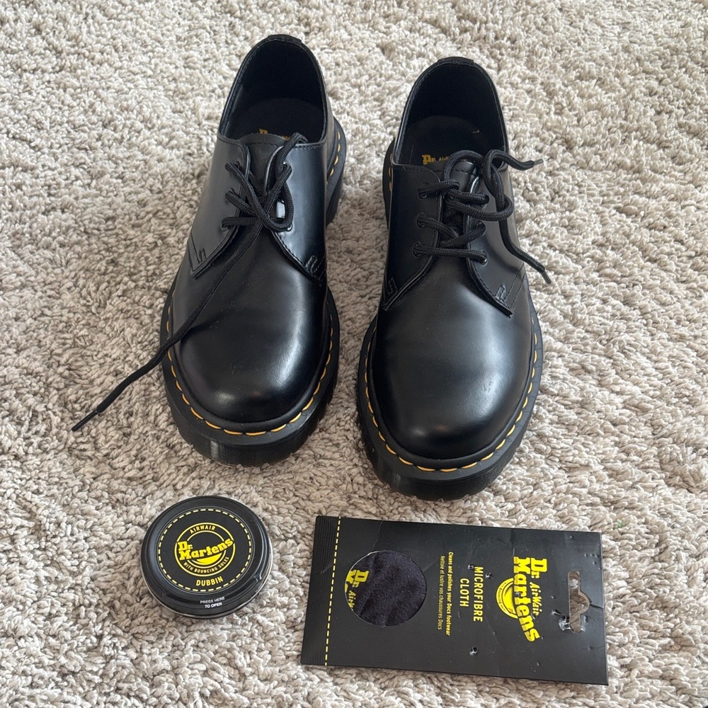Dr. Martens Black Leather Oxfords with Yellow Stitching